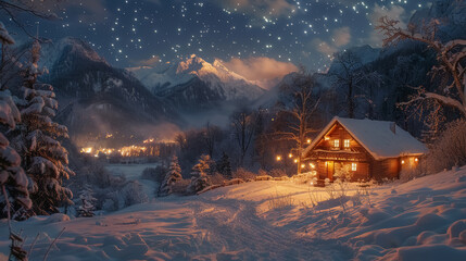 cozy snow-covered cabin in winter wonderland at dusk