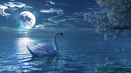 serene swan on a moonlit night amidst calm waters under a full moon