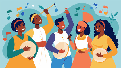 The rhythm of tambourines and the harmonies of choir voices create a lively and joyous atmosphere at the community choir festival where all are. Vector illustration