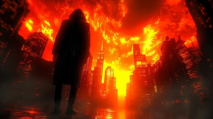 A post-apocalyptic city with a lone figure standing in the foreground. The sky is on fire and the buildings are in ruins.