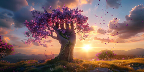 Arbre en forme de main avec des fleurs violettes et roses au coucher du soleil, atmosphère romantique et fantaisiste.