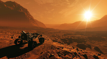 Paysage surface planète Mars avec un rover martien se déplaçant au lever du soleil.