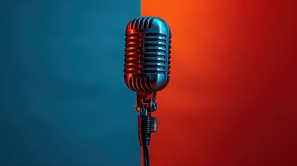 A classic vintage microphone illustrated in vibrant colors against a contrasting red and blue background.