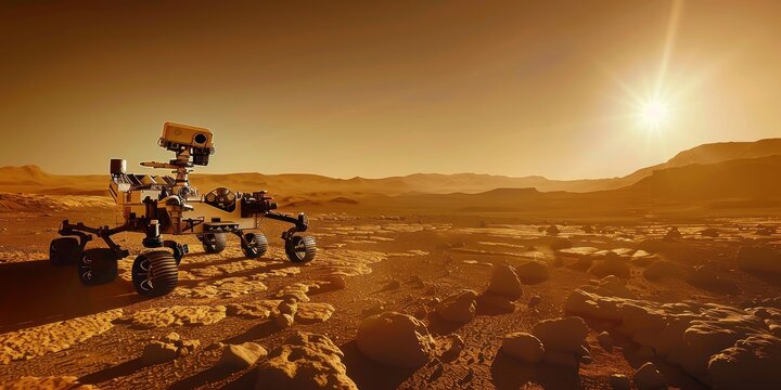 Paysage surface plan&egrave;te Mars avec un rover martien se d&eacute;pla&ccedil;ant au lever du soleil.