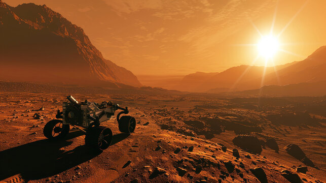 Paysage surface plan&egrave;te Mars avec un rover martien se d&eacute;pla&ccedil;ant au lever du soleil.