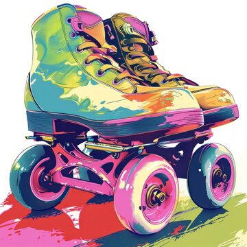 A colorful illustration of a vintage high-top roller skate with vibrant wheels on a splattered background.
