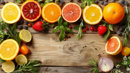A variety of citrus fruits, berries, and herbs are arranged on a wooden table.