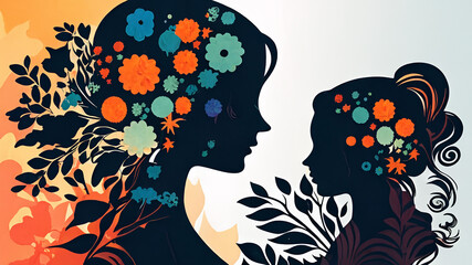 Silhouette of mother and child surrounded by flowers in a frame.