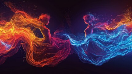 An abstract digital art piece depicting figures dancing within the dynamic interplay of fire and water elements.