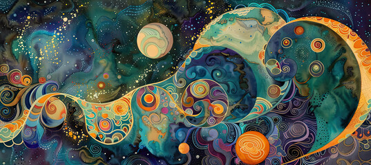 Cosmic Sphere Serenity Watercolor Art - obrazy, fototapety, plakaty