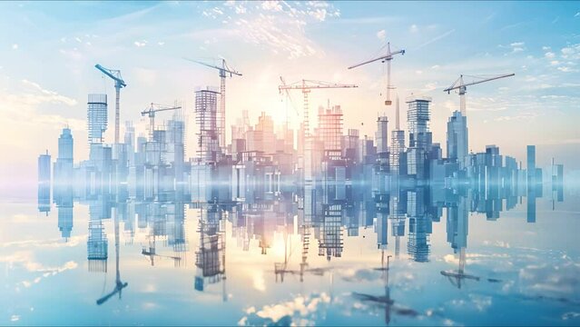 Long view of a city skyline under construction, with cranes and developing buildings in 3D illustration