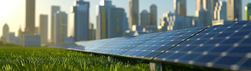 An illustrative 3D model of a solar panel field with futuristic energyefficient buildings in the background  ,minimalist - Powered by Adobe