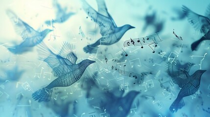 closeupA dreamlike wireframe mesh depiction of music notes morphing into birds, taking flight and carrying melodies across the sky  ,Music