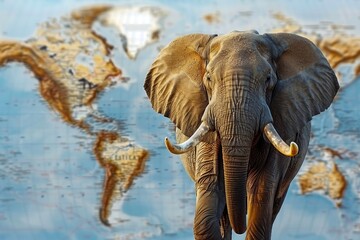 Elephant walking with world map in background