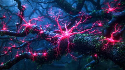 Pink glowing neurons in a dark forest