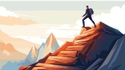 Office worker climbing up mountains or cliffs and m