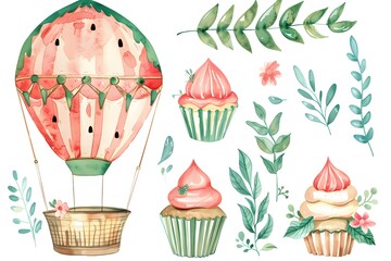 watercolor clipart of watermelons and cupcakes