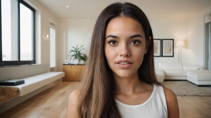 Naklejka premium Young brunette woman in summer tank top looks puzzled, skeptical, and critical in bright modern living room, reflecting uncertain feelings about apartment or house ownership.