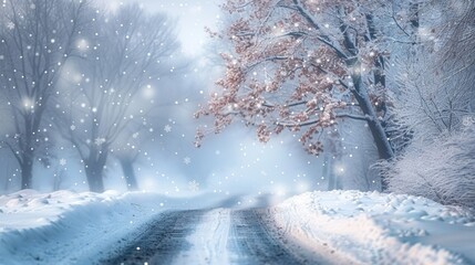 Ethereal winter wonderland with frosty trees and gentle snowfall in a tranquil forest