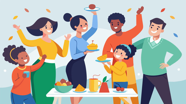 A potluck style party with parents bringing their best dishes as children take turns showing off their best dance moves and sharing proud