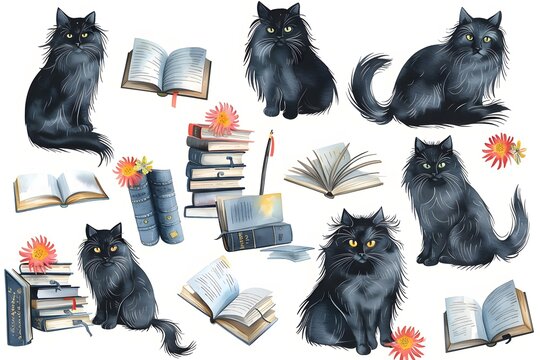 watercolor clipart set of black cats