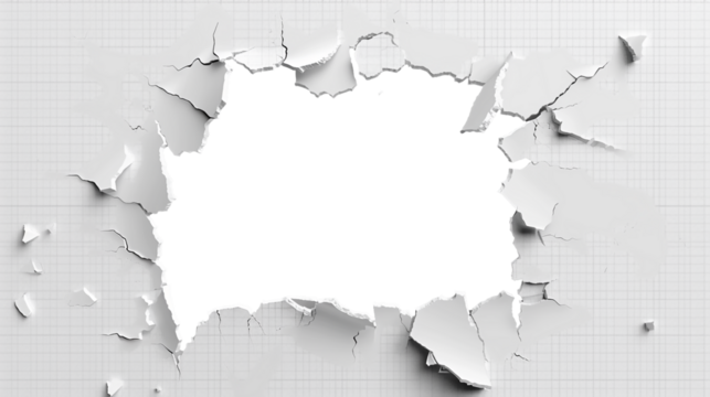 Hole breaking through white wall, cut out 