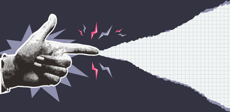 Retro collage background with halftone human hand pointing to ripped notebook paper. Trendy vintage vector design concept. Modern retro dots illustration. 