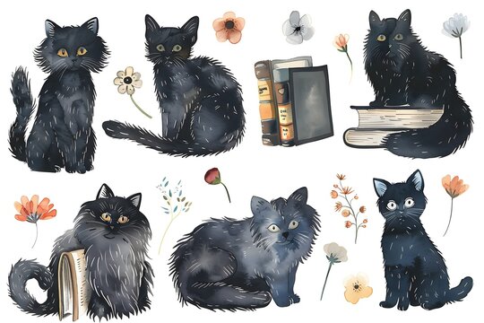 watercolor clipart set of black cats
