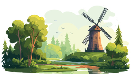 Old windmill among trees. Holland farm tower of win - obrazy, fototapety, plakaty