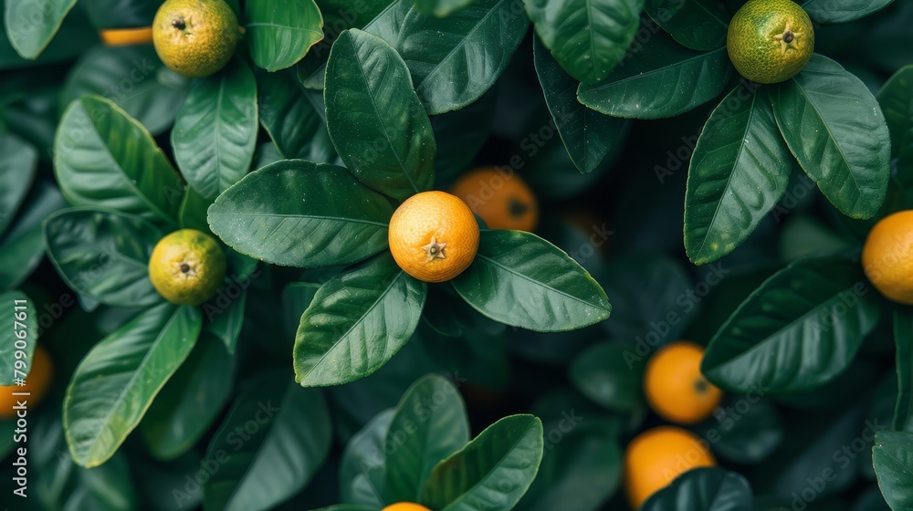 Wall mural a tight shot of oranges hanging from a tree, adorned with green leaves and more oranges visible beyo