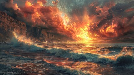 Craft an image depicting a dramatic sunset seascape