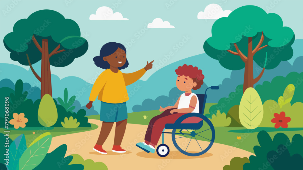 Poster an ablebodied child helping their friend in a wheelchair navigate through the nature trail pointing 