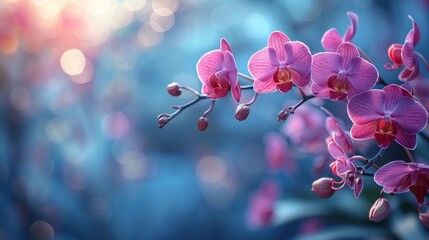   A pink flower in focus on a branch against a backdrop of out-of-focus, softly lit background