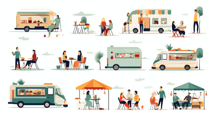 Open-air festival set. Food trucks tiny people rela
