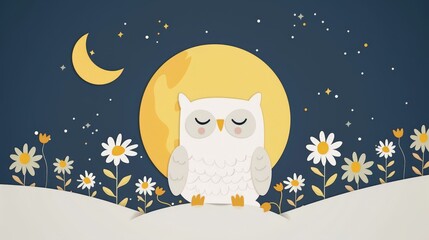 Fototapeta premium A white owl atop a snow-capped hill, under a full moon Daisies dot the foreground