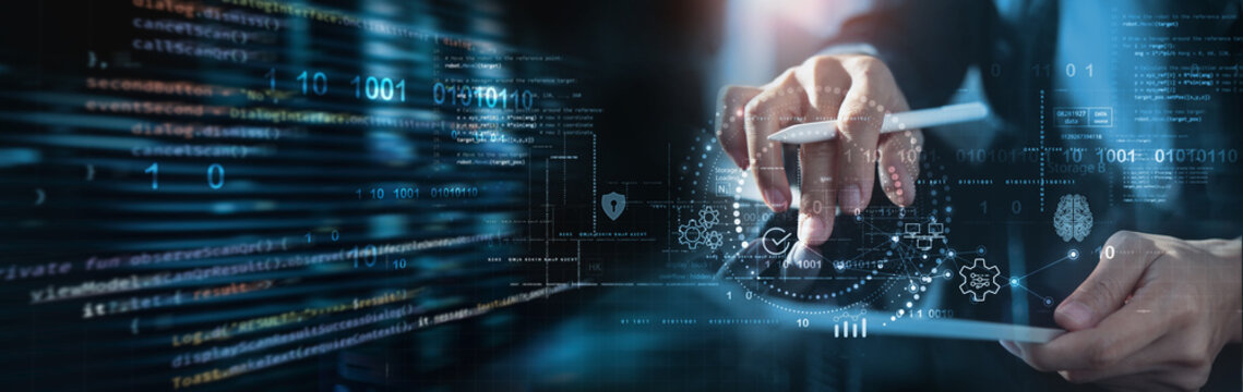 Data science and analysis. Software developer using digital tablet connecting with database and data center. Business process automation software and management software (SAP). data engineering - Powered by Adobe