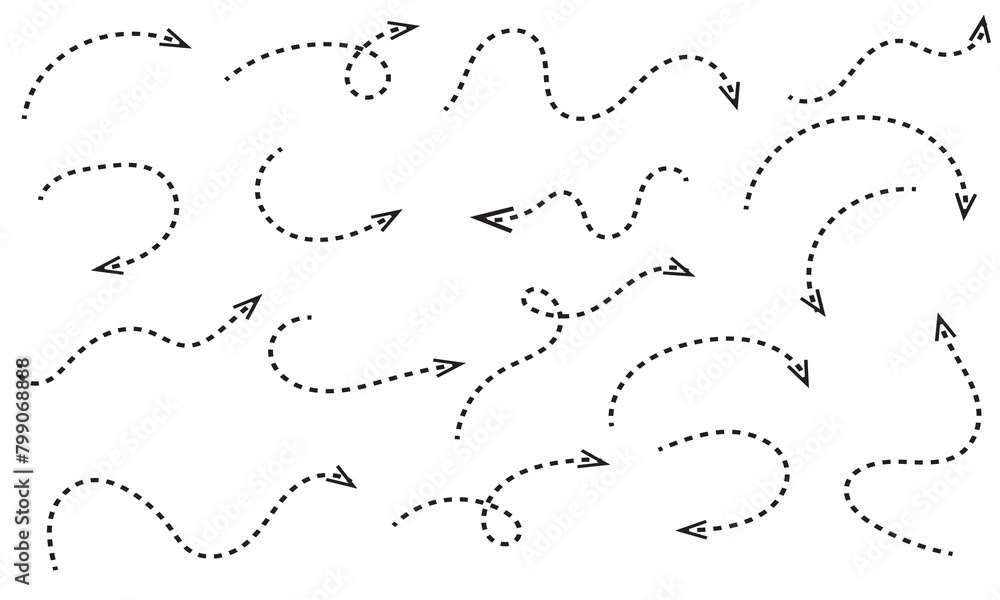 Poster clean dot style hand drawn doodle arrows set. clean dot arrows style doodle set hand drawn. curve do