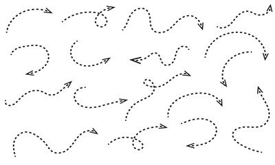 Clean dot style hand drawn doodle arrows set. Clean dot arrows style doodle set hand drawn. Curve Dotted line, preliminary. isolated on white background vector collection