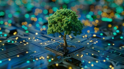 A conceptual image of a lush tree sprouting from a circuit board, illustrating the fusion of nature with technology and the concept of growth and sustainability