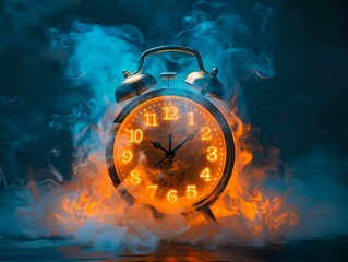 Eternal Flames: Analog Alarm Clock Backlit by Warm Fiery Light and Smoke