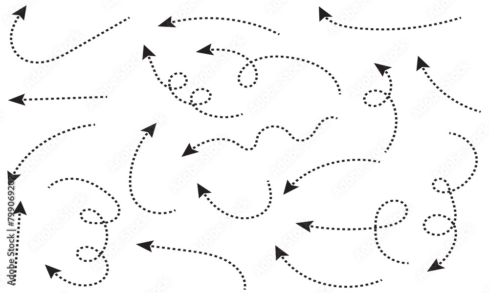 Poster clean dot style hand drawn doodle arrows set. clean dot arrows style doodle set hand drawn. curve do