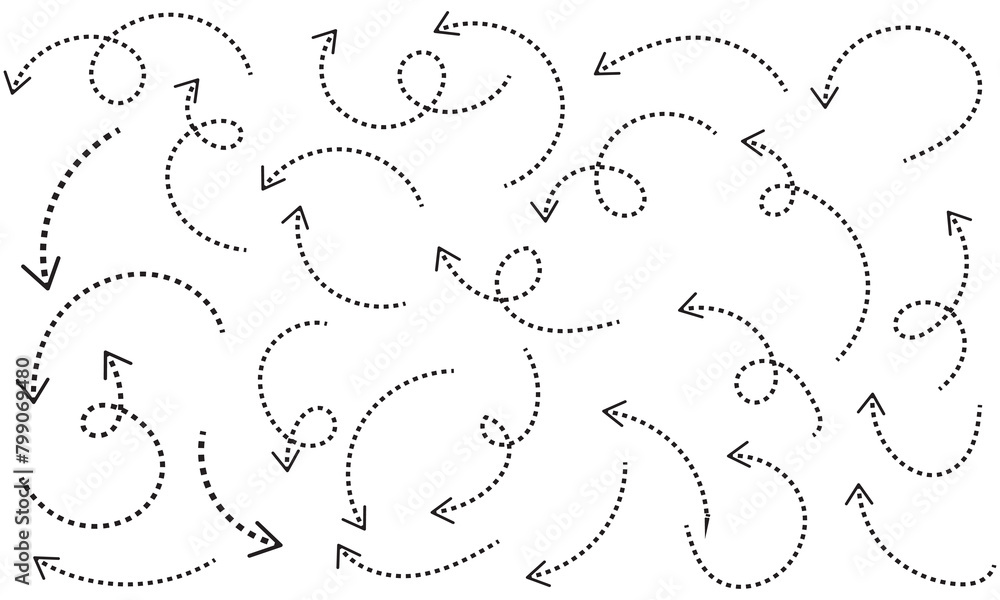 Poster clean dot style hand drawn doodle arrows set. clean dot arrows style doodle set hand drawn. curve do