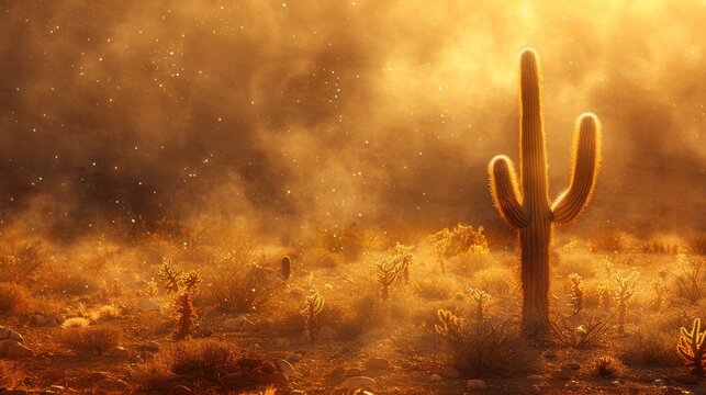 Craft an image depicting a lone cactus standing tall amidst a sea of dust