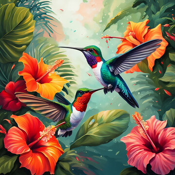 hummingbirds with hibiscus flowers 