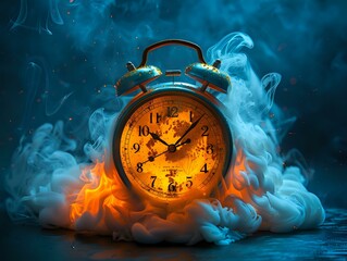 Eternal Flames: Analog Alarm Clock Backlit by Warm Fiery Light and Smoke