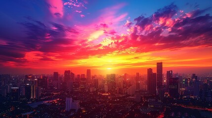 Obraz premium Craft an image depicting a panoramic sunset over a city skyline