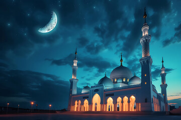 The mosque is illuminated by the crescent moon at night, symbolizing the Ramadan Kareem and Islamic Day celebrations. Generative AI