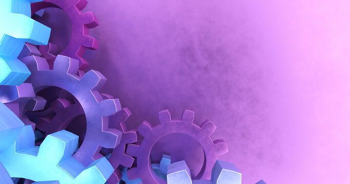 Purple blue metal gears with copy space, gear mechanism, color abstract business illustration, 3d rendering