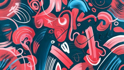 An abstract design with various strokes and swirls, in the style of light red and dark blue, vibrant cartoonish, playful shapes, colorful curves, sgrafitto, simplified forms and shapes