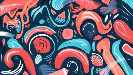 An abstract design with various strokes and swirls, in the style of light red and dark blue, vibrant cartoonish, playful shapes, colorful curves, sgrafitto, simplified forms and shapes
